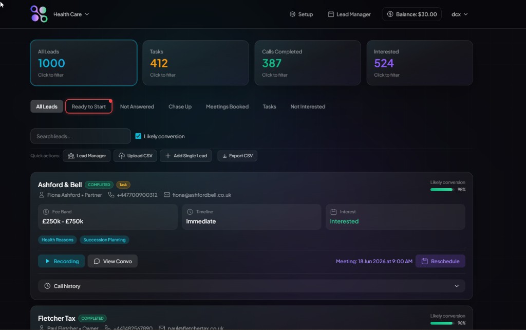 AI workforce dashboard showing leads, calls, and scheduling